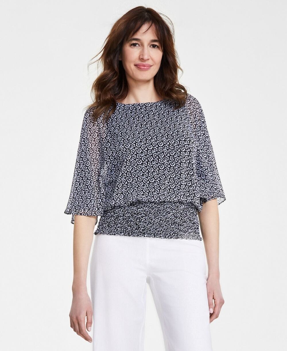 Sam & Jess Round-Neck 3/4-Sleeve Smocked-Waist Blouse Black/white Size S 3228